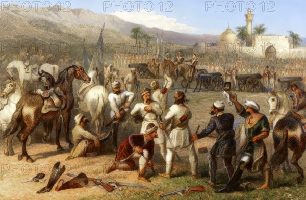 The disarming of cavalry of soldiers by the British units at Berhampur, Berhampore, Indian Mutiny, 1858