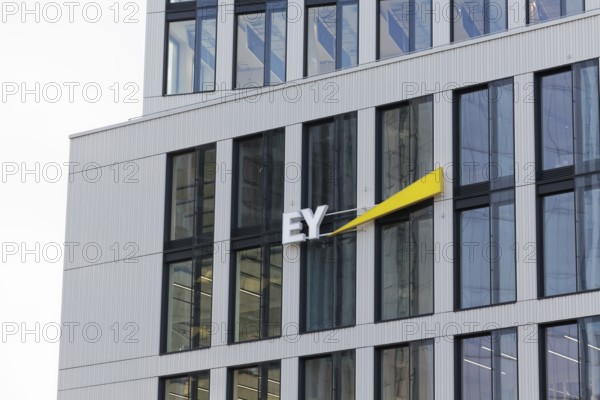 Ernst & Young, Logo Ey am Bürohochhaus Pandion Rise, auditing firm, Düsseldorf, North Rhine-Westphalia, Germany