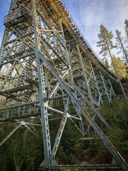 Massive metal structure of an old railroad bridge towering high above a forest, Ziemestalbrücke, Thuringian Forest