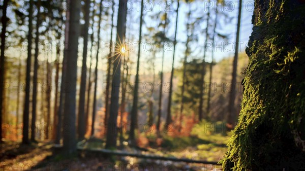 Sunlight breaks through thick trees in the forest and illuminates moss on a tree trunk, Franconian Forest nature park Park