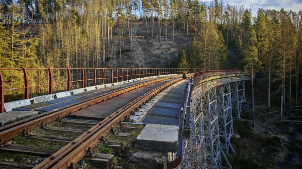 A person sits on the tracks of an old metal railroad bridge that leads through a forest, Ziemestalbrücke, Thuringian Forest