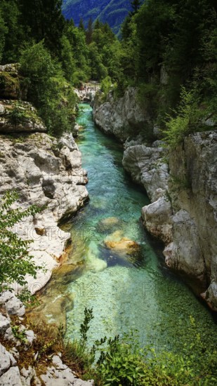 Crystal-clear river flows through a narrow, rock-lined gorge, Soca Valley, Slovenia