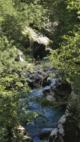 Small waterfall surrounded by green trees and rocks, a quiet natural setting, Soca Valley, Slovenia