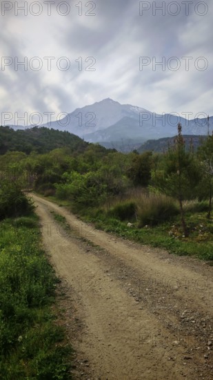 An unpaved trail snakes through a wooded landscape with mountains towards Tahtali Dagi, Lycia, Turkey