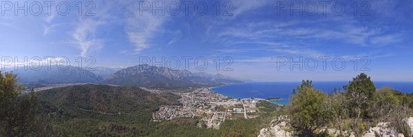Far-reaching view of a coastal town with mountains and sea, panorama, Kemer, Lycia, Turkey