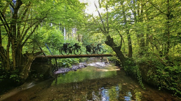 Two bikes on a bridge across a river in a green forest, Slovenia
