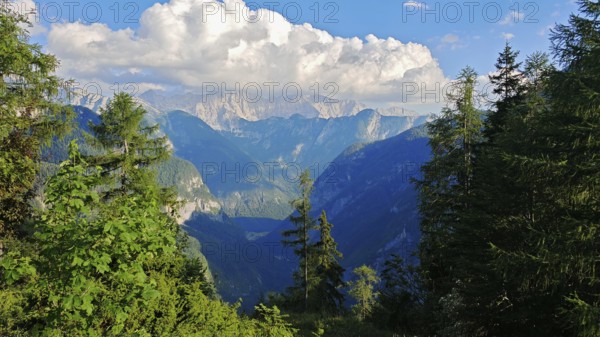Panorama of a mountain horizon with overhanging cloud cover, Slovenia
