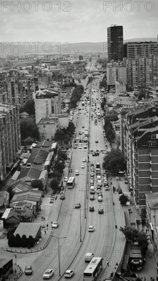 Urban scene with a long busy street lined with tall buildings in black and white, Pristina, Kosovo