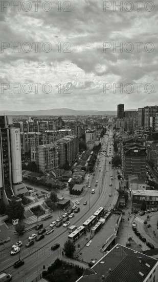 Aerial view of an urban district with busy street and urban architecture, Pristina, Kosovo