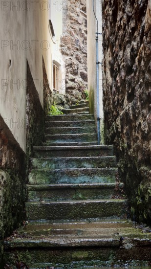 Weathered stone staircase in a narrow alley with historic walls, Loket, Czech Republic