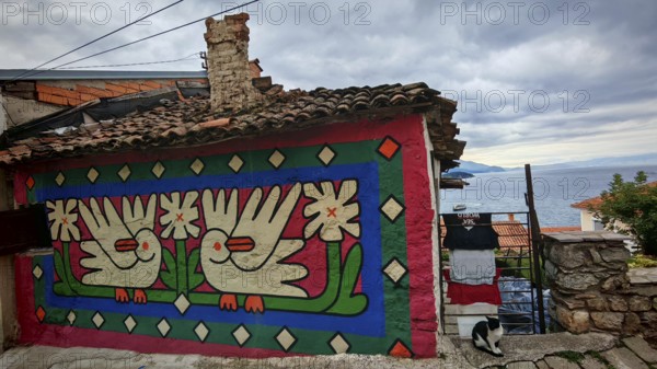 Colourfully painted house façade with dove motifs, laundry hanging to dry with cat in the foreground and lake view in the background, Ohrid, North Macedonia
