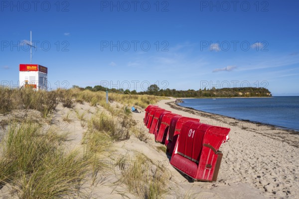 DLRG water rescue, red beach chairs side by side on sandy beach, beach and cliffs, people on the beach, autumn, Lobbe, Mönchgut, Rügen, island, Baltic Sea, Mecklenburg-Western Pomerania, Germany