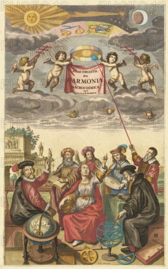 Title page of Atlas Coelestius, seu Garmonica Macrocosmica, a star atlas by the English astronomer John Flamsteed, published posthumously in 1729. It is considered one of the most important star atlases of the 18th century and the first comprehensive sky atlas based on telescopic observations, authentic, digitally restored reproduction from a 19th century original, exact date of presentation unknown, historical