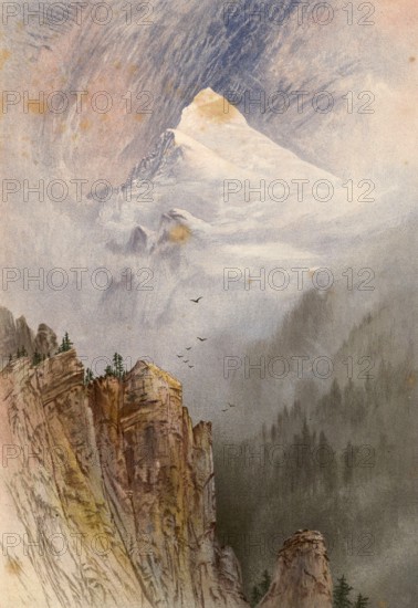 The Weisshorn, a 4505 m above sea level mountain in the Valais Alps with the shape of an even pyramid formed by three sharp ridges, around 1860, Switzerland, authentic, digitally restored reproduction from a 19th century model, exact date of presentation unknown, historical