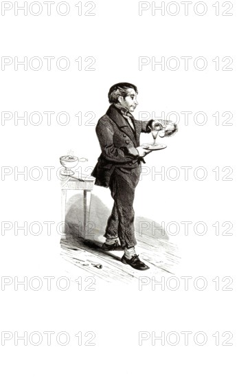 Types from Holland around 1841, De Koffiehuisjongen, The Coffee House Boy or The Coffee House Staff, Netherlands, authentic, digitally restored reproduction from a 19th century original, exact date of depiction unknown, historical