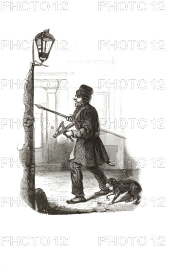 Types from Holland around 1841, De klapperman van 's-Gravenhage, Klappermann from The Hague, security service, night watchman, Netherlands, authentic, digitally restored reproduction from a 19th century model, exact date of presentation unknown, historical