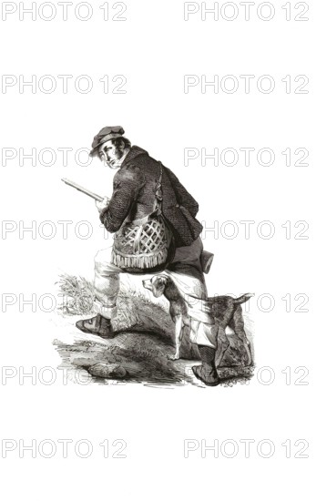 Types from Holland around 1841, De Jager en de Polsdrager, The Hunter and the Pulbearer, Netherlands, authentic, digitally restored reproduction from a 19th century model, exact date of depiction unknown, historical