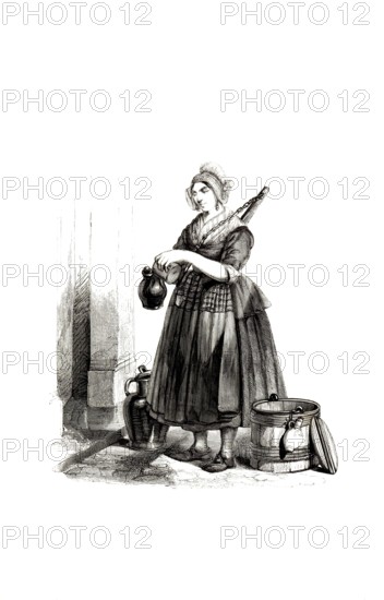 Types from Holland around 1841, Het melkmeisje, The Milkmaid, Netherlands, authentic, digitally restored reproduction from a 19th century model, exact date of depiction unknown, historical