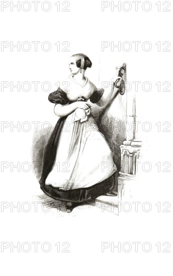 Types from Holland around 1841, Het lutherse weesmeisje van Amsterdam, The Lutheran Orphan Girl from Amsterdam, Netherlands, authentic, digitally restored reproduction from a 19th-century model, exact date of depiction unknown, historical