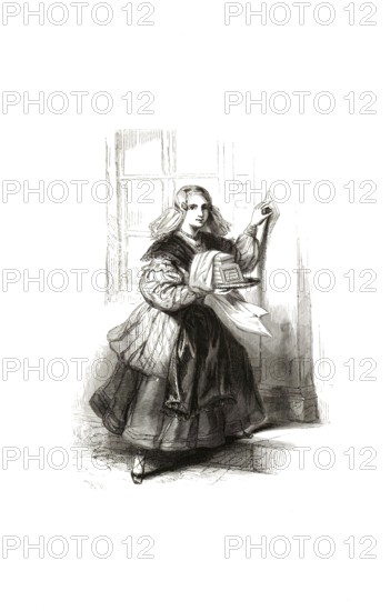 Types from Holland around 1841, Het Wafelmeisje, waffle girl, girl or a young woman selling waffles on the street, Netherlands, authentic, digitally restored reproduction from a 19th-century model, exact date of presentation unknown, historical