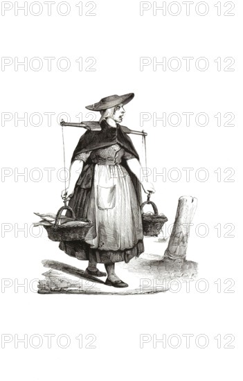 Types from Holland around 1841, De visvrouw van Arnemuide, Die Fischfrau von Arnemuiden, Netherlands, authentic, digitally restored reproduction from a 19th-century model, exact date of depiction unknown, historical