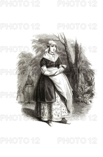 Types from Holland around 1841, De Scheveningse visvrouw, The Fisherwoman of Scheveningen, Netherlands, authentic, digitally restored reproduction from a 19th-century model, exact date of depiction unknown, historical