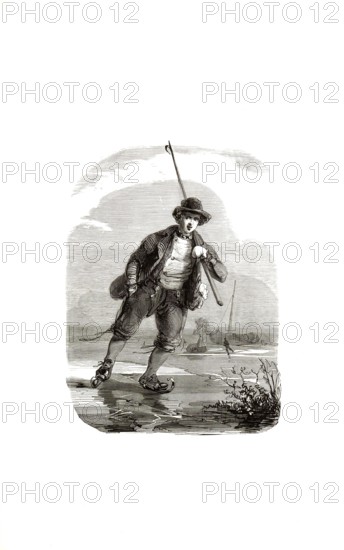 Types from Holland around 1841, De Schaatsenrijder, the ice skater or the skater, Netherlands, authentic, digitally restored reproduction from a 19th century model, exact date of depiction unknown, historical