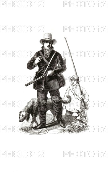 Types from Holland around 1841, leisure hunters, hobby hunters or leisure hunters, the Netherlands, authentic, digitally restored reproduction from a 19th century original, exact date of depiction unknown, historical