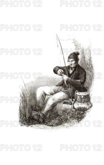 Types from Holland around 1841, De Leidse peueraar, eel fisherman, angler, Netherlands, authentic, digitally restored reproduction from a 19th century original, exact date of depiction unknown, historical