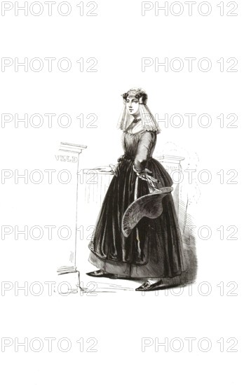 Types from Holland around 1841, e Noord-Hollandse boerin, the North Dutch farmer, Netherlands, authentic, digitally restored reproduction from a 19th century model, exact date of depiction unknown, historical