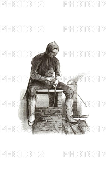 Types from Holland around 1841, De schoorsteenveger, chimney sweep, Netherlands, authentic, digitally restored reproduction from a 19th century model, exact date of depiction unknown, historical