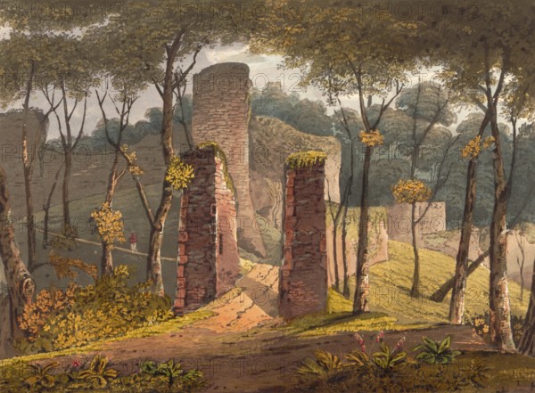Entrance to Coningsborough Castle, 1825, medieval castle ruins in the village of Conisbrough in the English administrative district of South Yorkshire, England, authentic, digitally restored reproduction from a 19th-century model, exact date of depiction unknown, historical