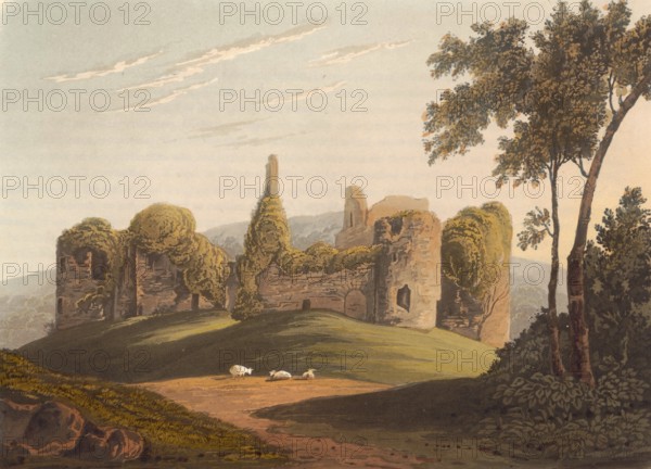 Grosmont Castle around 1850, Castell Grysmwnt, a castle ruin in Monmouthshire in Wales, authentic, digitally restored reproduction from a 19th-century model, exact date of depiction unknown, historical