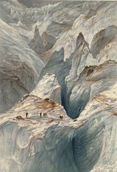 The Mer de Glace, the largest glacier in France, is characterized by extreme crevasses, in the area of the Mer de Glace and the Glacier Tongue, 1867, France, authentic, digitally restored reproduction from a 19th century original, exact date of presentation unknown, historical