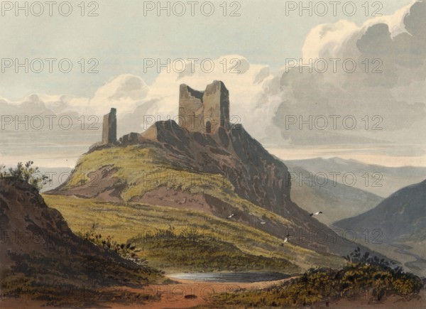 Dolwyddelan Castle, around 1850, castle ruins in Conwy in Wales, authentic, digitally restored reproduction from a 19th century model, exact date of depiction unknown, historical