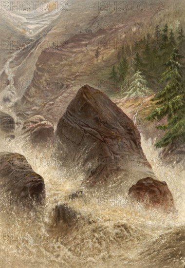Torrent in Val Tournanche, a side valley of the Aosta Valley in Italy, around 1870, Italy, authentic, digitally restored reproduction from a 19th century model, exact date of depiction unknown, historical