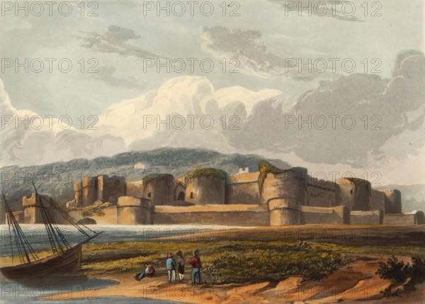 Beaumaris Castle around 1850, ruin of a castle in the town of the same name on the island of Anglesey in Wales, authentic, digitally restored reproduction from a 19th century model, exact date of depiction unknown, historical