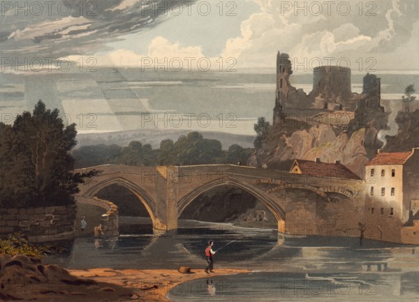 Barnard Castle, castle in County Durham in northern England with bridge over the Tees, around 1850, England, authentic, digitally restored reproduction from a 19th century model, exact date of depiction unknown, historical