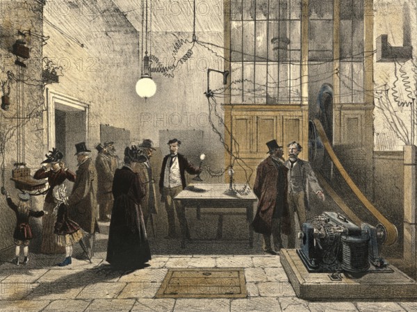 Industry around 1880, demonstration of the use of electricity, authentic, digitally restored reproduction from a 19th century original, exact date of presentation unknown, historical