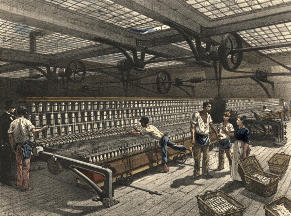 Textile processing industrial plant around 1890, mechanical spinning or machine spinning. It describes the industrial process or factory for producing yarns using machines, authentic, digitally restored reproduction from a 19th century original, exact date of presentation unknown, historical