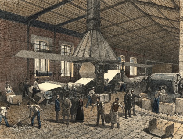 Industrial plant around 1890, paper mill, production of paper, authentic, digitally restored reproduction from a 19th century original, exact date of presentation unknown, historical
