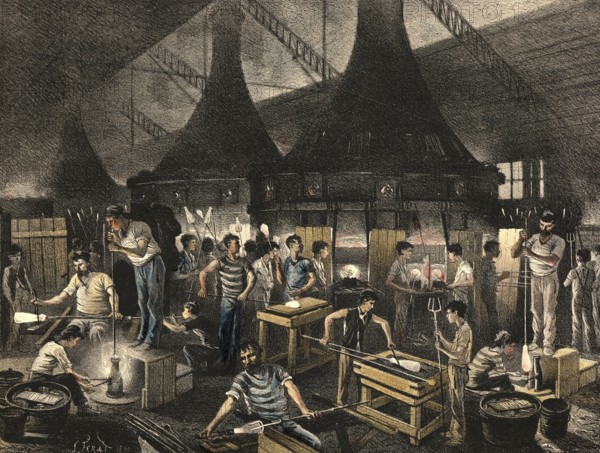 Industrial plant around 1890, glass blower, glass factory, authentic, digitally restored reproduction from a 19th century original, exact date of presentation unknown, historical