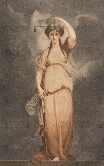 The virtues. Justice, depiction of Justice, the Roman goddess of justice, authentic, digitally restored reproduction from a 19th century model, exact date of presentation unknown, historical