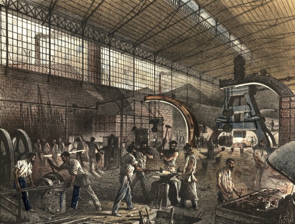 Industrial plant around 1890, forge, Forges, authentic, digitally restored reproduction from a 19th century original, exact date of depiction unknown, historical