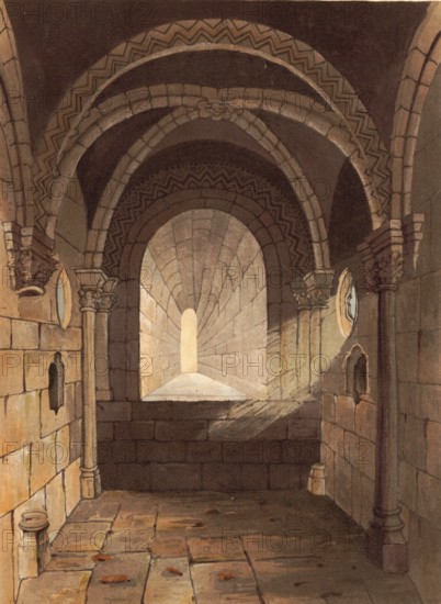 The Saxon chapel around 1860, better known as St Peter's Church in Conisbrough, is considered one of the oldest buildings in South Yorkshire. The core of the church is believed to date from the 8th century, England, authentic, digitally restored reproduction from a 19th century original, exact date of depiction unknown, historical