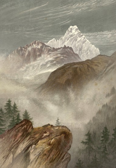 Monte Viso, seen from the south, around 1860, the highest peak in the Cottian Alps. It is located in northwestern Italy near the border with France, authentic, digitally restored reproduction from a 19th century model, exact date of depiction unknown, historical