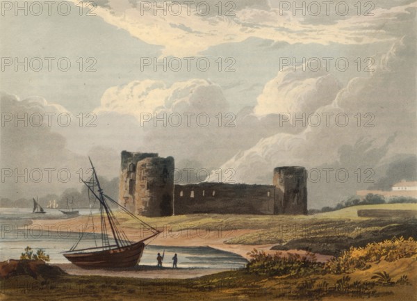 Flint castle around 1840, castle ruins in Flintshire in Wales, authentic, digitally restored reproduction from a 19th century original, exact date of depiction unknown, historical