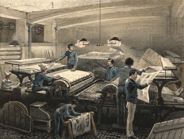 Industrial plant around 1890, press typography, production of printed products, authentic, digitally restored reproduction from a 19th century original, exact date of presentation unknown, historical