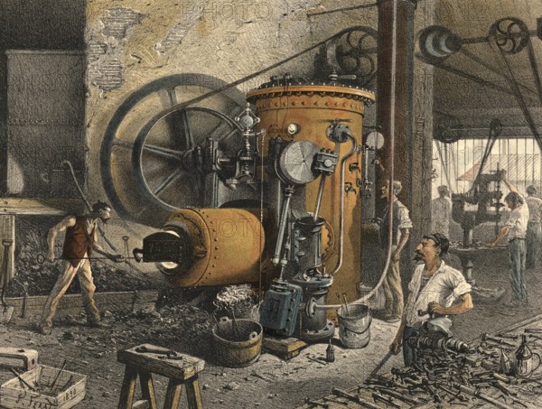 Industrial plant around 1890, steam engine in industrial use, authentic, digitally restored reproduction from a 19th century original, exact date of presentation unknown, historical