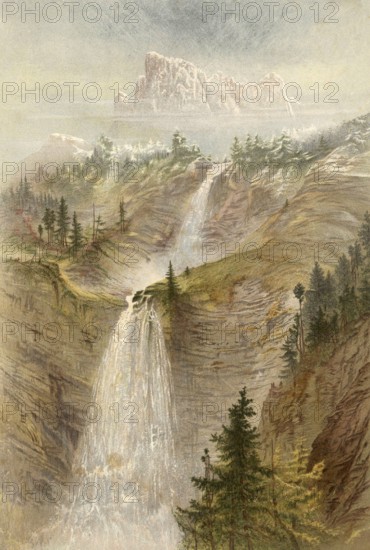 Cascade de Roget, one of the most beautiful waterfalls in France and the pointe de Salles, mountain peak (2, 497 m) in the limestone massif of the Fiz chain, around 1869, France, authentic, digitally restored reproduction from a 19th century original, exact date of depiction unknown, Historical